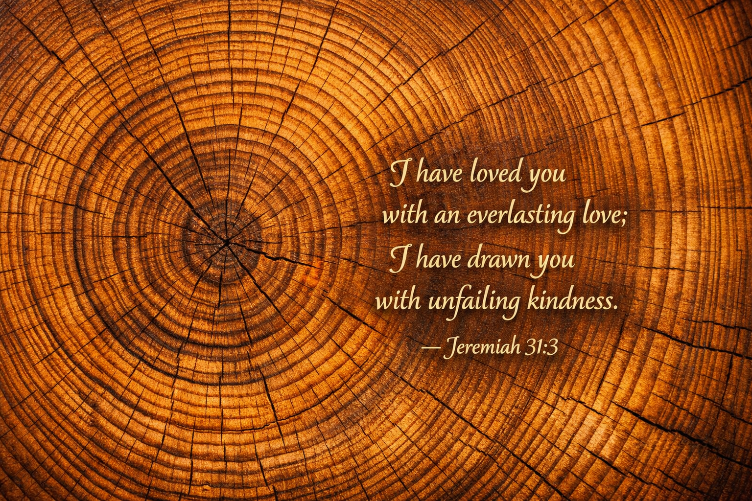 Jeremiah 31:3 Bible verse wallpaper tree trunk cross-section growth rings warm amber honey tones everlasting love